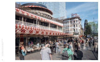 A composite photograph of a bustling city street, blending different time periods. In the foreground, a building with red and white striped awnings has an outdoor cafe. Semi-transparent, ghost-like figures of people from the past are superimposed over contemporary pedestrians on the sidewalk, with a mix of old architecture and a modern skyscraper in the background.