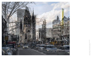 A composite photograph blending a historic, black-and-white image of the ruined Kaiser Wilhelm Memorial Church in Berlin with a modern, color photograph of the same busy street. The ghostly, war-damaged church and surrounding buildings are superimposed over a contemporary scene with traffic and rebuilt architecture, showing the citys past and present simultaneously.
