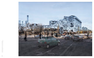 A composite photograph that superimposes a ghostly, black-and-white image of a war-torn city with ruined buildings over a modern, color photograph of the same street. The present-day scene shows a busy road with cars, tram tracks, and pedestrians, while the semi-transparent ruins of the past loom over them, creating a haunting juxtaposition of destruction and everyday life.