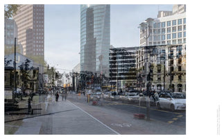A composite photograph showing a modern city street scene superimposed over a historical, black-and-white image of the same location. Gleaming contemporary skyscrapers and busy traffic blend with the ghostly, transparent ruins of war-damaged buildings from the past, creating a powerful contrast between then and now.