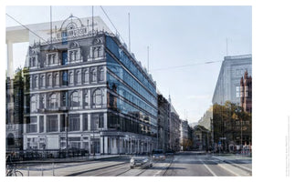 A composite photograph blending a historical black-and-white image of an ornate corner building, Herrmann Gerson, with a modern color photo of the same location. The old structure appears ghost-like over its contemporary replacement, a sleek glass-walled building, illustrating the architectural transformation of the city street over time.