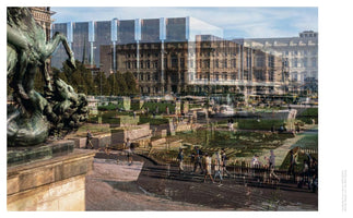 A time-lapse composite photograph of the Humboldt Forum in Berlin. On the left is a dark bronze statue of a horse fighting a lion on a pedestal. The background is a layered image, blending the historic facade of the palace with a modern structure and the adjacent park, showing it both under construction and with people enjoying the space.