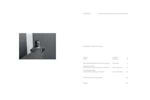 A two-page spread from an art book about Gerhard Richter. The left page features a black-and-white photograph of a young Richter leaning on a slanted surface. The right page displays the book's table of contents in German, with the title Verborgene Schätze. Werke aus rheinischen Privatsammlungen at the top.