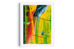 A straight-on shot of a vertical abstract painting with a thick white mat, set against a white background. The artwork is vibrant and textured, with a dominant background of bright yellow and lime green. A thick green stripe runs down the left edge next to a red and orange one, while an angular, dark blue and white shape cuts across the top.