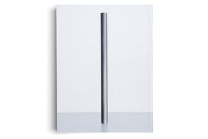A minimalist studio shot of a vertical white rectangle with a light grey base against a white background. A slender, dark grey rod runs vertically down the center, casting a faint reflection onto the grey surface.