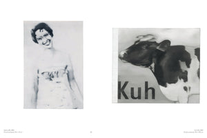 An art book page displaying two black-and-white photorealist paintings from 1964. On the left, a blurry portrait of a smiling woman with dark hair and glasses titled Helen. On the right, a painting of a cow in profile with the word Kuh in large, bold letters at the bottom.