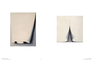 A side-by-side view of two minimalist oil paintings. On the left, a cream-colored surface with a wavy bottom edge peels back from a dark grey background. On the right, a similar cream surface is torn vertically down the center, its edges curling away to reveal a dark, shadowed void.