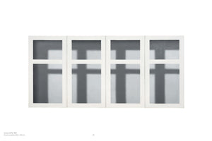 A wide, horizontal, photorealistic oil painting by Gerhard Richter from 1968 titled Fenster. The artwork, set against a plain white background, depicts a row of four identical white window frames. Each frame is divided into four panes, revealing a hazy, monochromatic grey view with the dark shadow of another window cast across it.