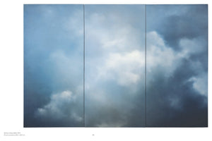 A photorealistic triptych painting of a vast, moody sky. The three vertical panels form a continuous image of a dramatic cloudscape, with soft, bright white clouds in the center giving way to dark, heavy, stormy gray clouds on the right against a blue-gray sky.