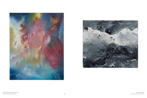 A page from an art book displaying two contrasting square paintings. On the left is Wolkenstudie (Cloud study), a colorful abstract piece with soft, swirling blends of blue, red, and yellow. On the right is Alpen (Alps), a heavily textured, monochromatic abstract in black, white, and grey, resembling a rugged mountainscape.