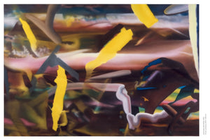 An energetic abstract painting with a layered composition. Bold, vertical strokes of bright yellow contrast with a hazy, blended background of earthy browns, pinks, and muted blues. Soft, tubular forms in grey and white intermingle with darker, angular shapes, creating a chaotic sense of depth and movement.