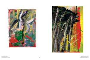 A page from an art catalog displaying two abstract paintings from 1983 against a white background. On the left, a smaller vertical painting features chaotic, gestural brushstrokes in green, red, yellow, and black. On the right, a larger painting shows dark, spiky, vertical forms against a vibrant red and yellow background.