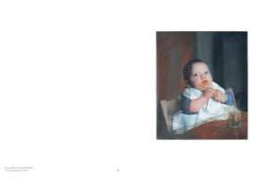 A painterly, realistic portrait of a baby sitting in a high chair at a wooden table. The baby has wide, light-colored eyes and looks directly at the viewer with an intense expression. Orange-red food is smeared on the baby's face, hands, and checkered bib. The background is dark and indistinct, with visible brushstrokes.
