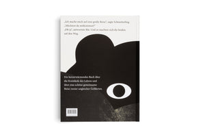 The back cover of a German-language book with a minimalist black and white design, standing against a plain white background. The cover features a large black silhouette of a bear's head with a bold white letter O on its side. German text is printed on the cover, including a short dialogue at the top and a book summary below, describing it as a heartwarming story about the cycles of life. An ISBN, barcode, and publisher's website are visible at the bottom.
