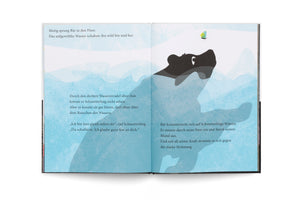An open children's book with an illustration spread across two pages. The artwork depicts a black bear swimming in a turbulent blue river, its head above the water, looking up at a small, colorful butterfly flying overhead. Blocks of German text are on both pages.