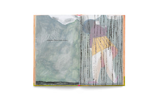 An open illustrated book seen from above. The left page features a painting of a grey mountain landscape with the German text, schlechtes Wetter zieht weiter. The right page shows a stylized illustration of a person from behind, wearing a purple top and yellow skirt, obscured by vertical lines of black dots suggesting rain.