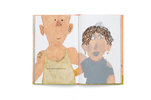 An open children's book shows a colorful, painted illustration across two pages. On the left, a smiling person with a shaved head, an earring, and a tattoo in a yellow tank top has their arm around a person on the right. The second person has short curly hair, earrings, and a necklace. German text on the left reads, Haare fallen manchmal aus.