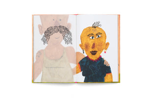 An open children's book with a colorful, two-page illustration against a white background. On the right, a smiling person with a bald, yellow, freckled head wears a dark blue shirt and colorful jewelry. On the left, a translucent image of a person with long, dark hair in a tank top has their arm around the person on the right. There is a line of German text on the left page.