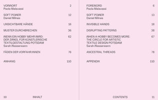 A bilingual table of contents from a book, displayed across two pages against a pale pink background. The left page, titled INHALT, lists the chapters in German with their page numbers. The right page, titled CONTENTS, lists the corresponding chapters in English with different page numbers. Chapter titles include Soft Power, Invisible Hands, and Ancestral Threads.