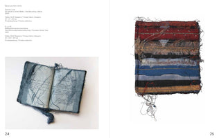 A two-page spread from an art catalog for artist Maria Lai. The left page, numbered 24, features a photo of a textile art book, open to show blue-dyed pages with lines of black thread that mimic writing. The right page, 25, shows a rectangular textile piece composed of stitched horizontal strips of fabric in red, blue, black, and gold, with frayed edges and loose threads.