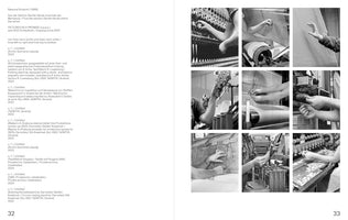 A two-page book spread. The left page contains descriptive text in German and English. The right page displays a grid of nine black-and-white photos showing close-ups of workers' hands operating looms and textile machinery.
