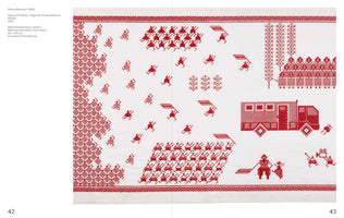 A horizontal textile artwork embroidered in red thread on white linen in the style of traditional folk art. It depicts a protest scene with stylized, pixel-like figures. Crowds of protestors, some with flags, run towards formations of what appear to be riot police and a large police van. An arrest is shown in the lower right.