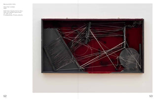 A front view of Maria Lai's mixed-media artwork, Untitled, from 2009. The piece is an abstract composition within a black shadow box lined with deep red fabric. Black geometric forms, including a large trapezoid wrapped in thread and a circular disc, are connected by a dense, chaotic web of taut white and black twine that stretches across the entire frame.