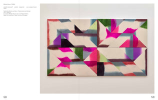 A page from an art publication showing a rectangular textile artwork by Wilder Alison. The piece is a grid of panels with a geometric pattern of triangles. Vibrant colors like magenta, purple, green, and blue bleed softly into the cream-colored wool, creating a watercolor-like effect. The artwork is mounted on a plain white wall.