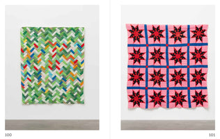 A two-page spread showing two quilts hanging on white walls. The quilt on the left has a herringbone pattern primarily in shades of green with pops of bright colors. The quilt on the right has a grid of sixteen pink squares with blue sashing, each square containing a red and black pinwheel star design.