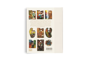 The back cover of a cream-colored hardcover book, viewed from directly above against a white background. The cover features nine photographs of artists' palettes of various shapes, each covered in a thick, textured mixture of multicolored paints. A block of German text is printed in the upper center, with the publisher's name, Hatje Cantz, an ISBN, and a barcode at the bottom.