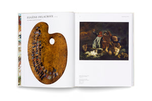 An open art book about Eugène Delacroix is displayed against a white background. The left page shows a photo of the artist's wooden palette with rows of colorful, dried paint dabs. The right page features a reproduction of his dark, dramatic painting, The Barque of Dante.