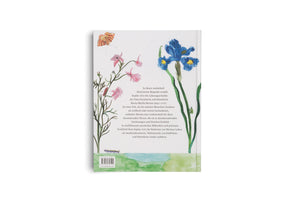 The back cover of a book with German text and watercolor illustrations. On the left are thin stems with pink flowers and an orange butterfly. On the right is a tall blue iris. At the bottom is a green and blue landscape with a caterpillar and a barcode.