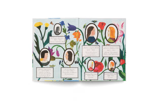 An illustrated family tree of naturalist Maria Sibylla Merian, spread across two pages of an open book. The family members are depicted in oval portraits that grow on green plant stems, interspersed with colorful drawings of flowers and insects. Handwritten labels in German identify each person and their relationship to Merian.