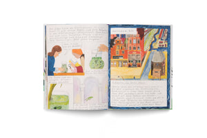 An open book with colorful, hand-drawn illustrations and handwritten German text. The left page is a comic strip showing women and a girl studying tadpoles in a jar. The right page has a large illustration of canal houses in Amsterdam in 1691, with a chapter heading below.