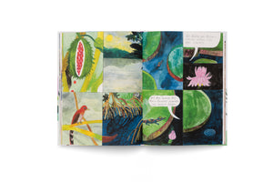 An open book on a white surface shows a two-page spread of a colorful, hand-painted comic. The panels depict a jungle setting with scenes including a fruit pod with red seeds, a red bird, a river with a canoe, mangrove roots, a lizard, and pink water lilies. Speech bubbles contain handwritten German text.