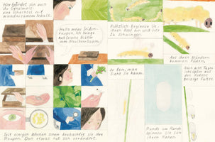 A multi-panel watercolor illustration telling the story of the silkworm life cycle with handwritten German text. The panels show a girl discovering caterpillars in a box, feeding them mulberry leaves, and observing them as they grow. The illustrations depict the caterpillars eating, then spinning fine threads from their mouths to create white cocoons on a green stalk. The text explains that moths will eventually hatch.