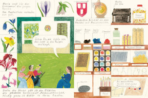A multi-panel watercolor illustration in a storybook style with handwritten German text. The left panels show detailed drawings of various flowers and a scene of women in historical attire having a drawing lesson in a garden. The right panels meticulously display a variety of historical art supplies, including raw pigments like lapis lazuli, brushes, parchment, and jars of gum arabic, illustrating the process and trade of a female artist.