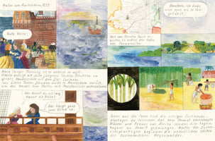A hand-drawn comic strip in German depicting a journey from Amsterdam to Surinam in 1699. The panels show a woman and her daughter boarding a large sailing ship, the voyage across the Atlantic on a map, and their arrival. The comic contrasts their journey with scenes of enslaved African people being forced to harvest and process sugarcane on a plantation in Surinam.