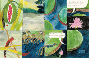 An eight-panel comic strip with colorful, child-like watercolor illustrations depicting life in a tropical rainforest. The panels show a green fruit pod with red seeds, a river at sunset, a small caiman swimming, a large pink water lily at night, a red bird on a branch, a monkey among tree roots, and a caiman on a lily pad. Speech bubbles in German explain that the water lily blooms at night and that seeds are used for body paint.