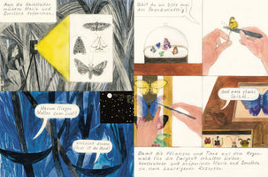 A hand-drawn comic strip in German with a colored pencil and watercolor style, depicting the process of studying and preserving insects. Panels show two women attracting moths with a light at night, questioning why they fly to it, and hands carefully pinning and preparing colorful butterflies for a scientific collection.