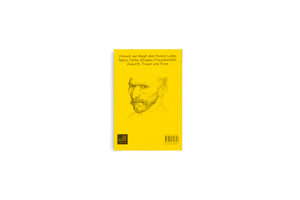 The back cover of a bright yellow book, seen against a white background. It features a pencil sketch of a self-portrait by Vincent van Gogh. German text is visible above the portrait, and the Van Gogh Museum logo and a barcode are printed at the bottom.