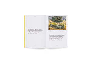 An open book with a yellow spine laid flat on a white surface. The left page has German text under the heading Farbe. The right page features a colorful, post-impressionist painting of a landscape with a tree, positioned above another paragraph of German text. The pages are numbered 42 and 43.