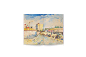 An open book, photographed from above against a white background, displaying a two-page watercolor and ink illustration of a bustling city street. The post-impressionist style artwork shows people strolling along a railed walkway next to various buildings, trees, and a horse-drawn cart under a pale blue sky.