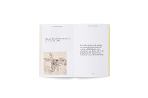 An open book with a yellow spine, set against a white background. The pages contain German text under the chapter title Liebe und Freundschaft. The left page features a short quote and a sepia-toned sketch of a rural scene with a windmill, while the right page, numbered 183, contains a longer paragraph.