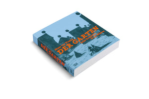 A three-quarter view of a light blue paperback book titled Der Garten by Hans von Trotha against a white background. The cover features a dark teal, woodcut-style illustration of a landscape with figures in historical clothing. The title is written in a large, bold orange font.
