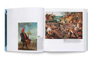 An open art book on a white surface displays two pages with paintings about springtime gardening. The left page shows a man holding a potted tree. The right page shows a larger, detailed scene of many people working in a formal garden in front of a village. Both pages include descriptive text in German.