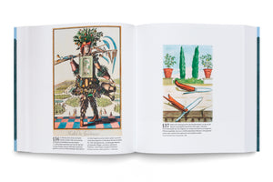 An open art book with a green cover, displaying a two-page spread with German text and historical illustrations. The left page shows a fantastical figure of a gardener composed of plants and tools, titled Habit de Jardinier. The right page shows two antique grafting knives on a stone ledge in front of potted trees.