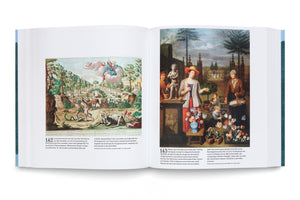 An open book with a textured green spine shows a two-page spread with historical art and German text. The left page has an illustration of the expulsion from the Garden of Eden, with Adam, Eve, and an angel. The right page features a painting of a woman in a red hat standing amidst an array of flowers and people in a garden setting.