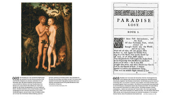 A page layout contrasting two artistic works about Paradise. On the left is Lucas Cranach the Elder's 1531 painting showing Adam and Eve in the Garden of Eden with the serpent and various animals. On the right is the title page and opening lines of John Milton's 1665 epic poem Paradise Lost. Both images are accompanied by paragraphs of German text below them.