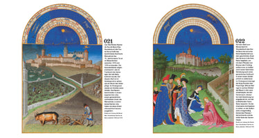 A book spread showing two pages from the Très Riches Heures du Duc de Berry. The left page, for March, depicts peasants plowing a field and tending a vineyard below a castle. The right page, for April, shows elegantly dressed nobles in a garden celebrating an engagement. Both illustrations are set beneath a blue, arched sky chart showing zodiac signs and a sun chariot. German text accompanies each image.